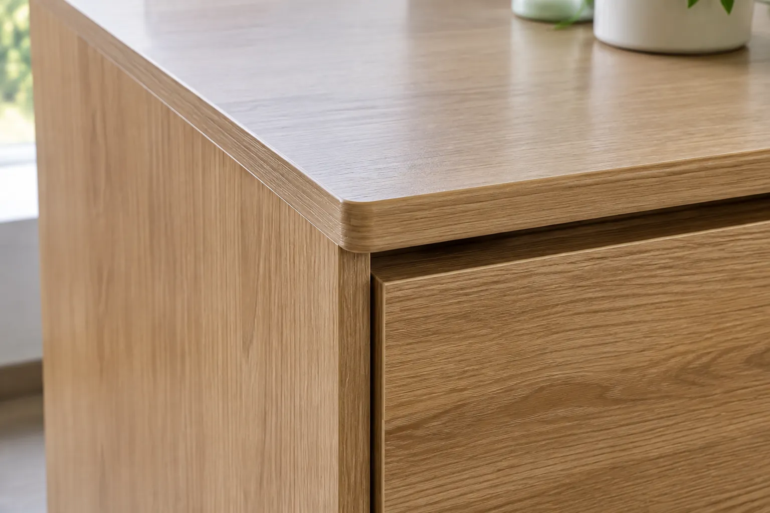 Detail tepi kabinet kayu dan sambungan panel