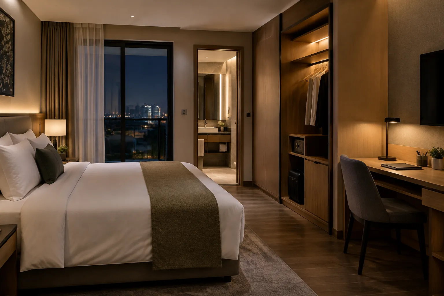 Kamar hotel dengan lampu baca dan meja kerja