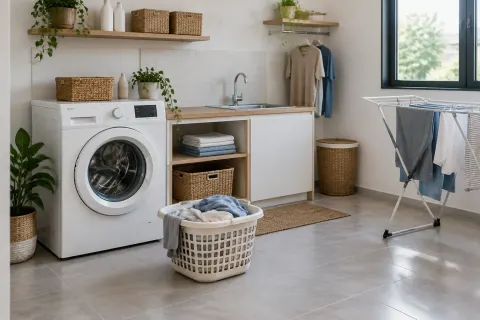 Ruang laundry dengan mesin cuci dan rak penyimpanan
