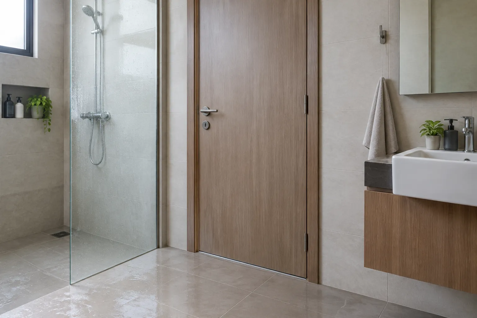 Pintu kayu di dekat pancuran kamar mandi
