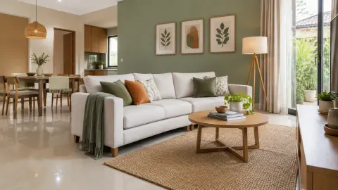 Ruang keluarga dengan sofa terang dan dinding hijau