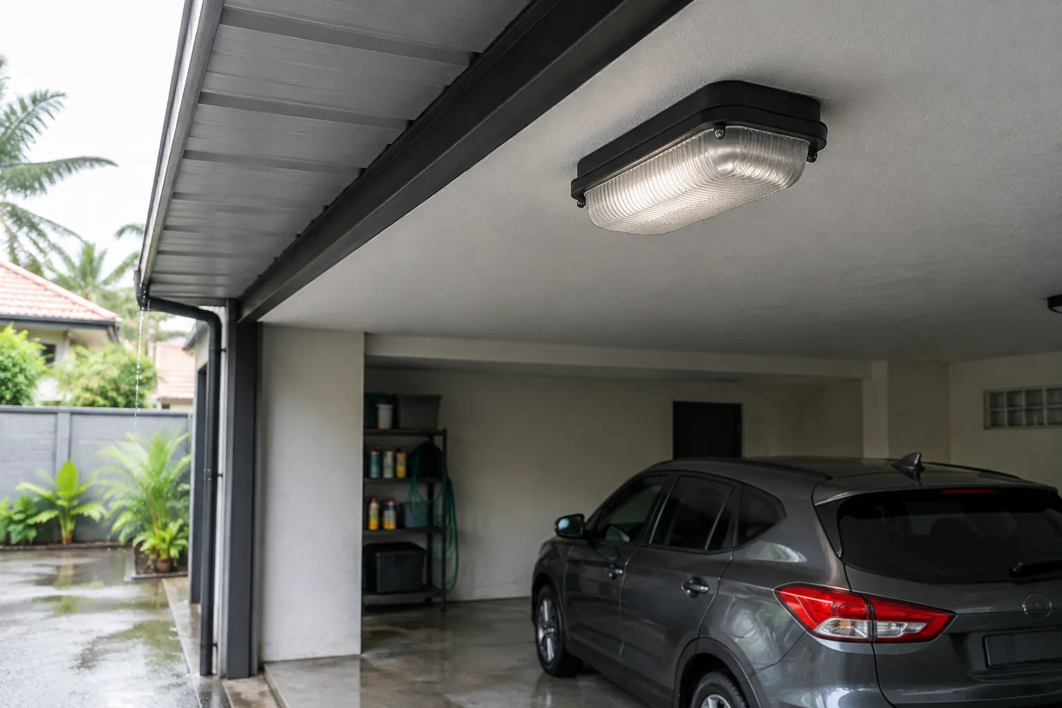 Lampu plafon garasi menyala di atas kendaraan