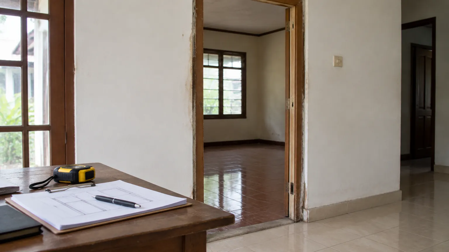 Bukaan pintu pada rumah lama dengan alat ukur dan gambar kerja