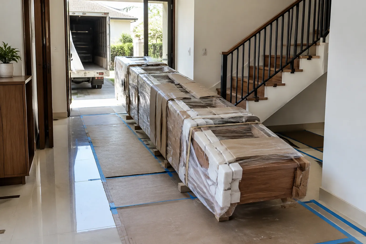 Bahan tangga dalam kemasan memenuhi jalur dalam rumah saat renovasi