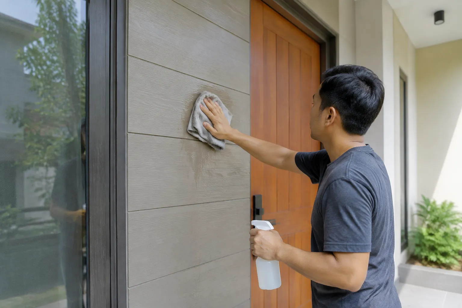 Orang membersihkan dinding berlapis.