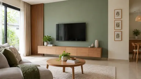Ruang keluarga dengan dinding hijau dan panel kayu di sisi televisi