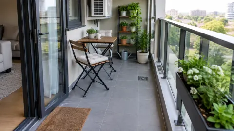 Balkon kecil dengan meja lipat, kursi, dan tanaman