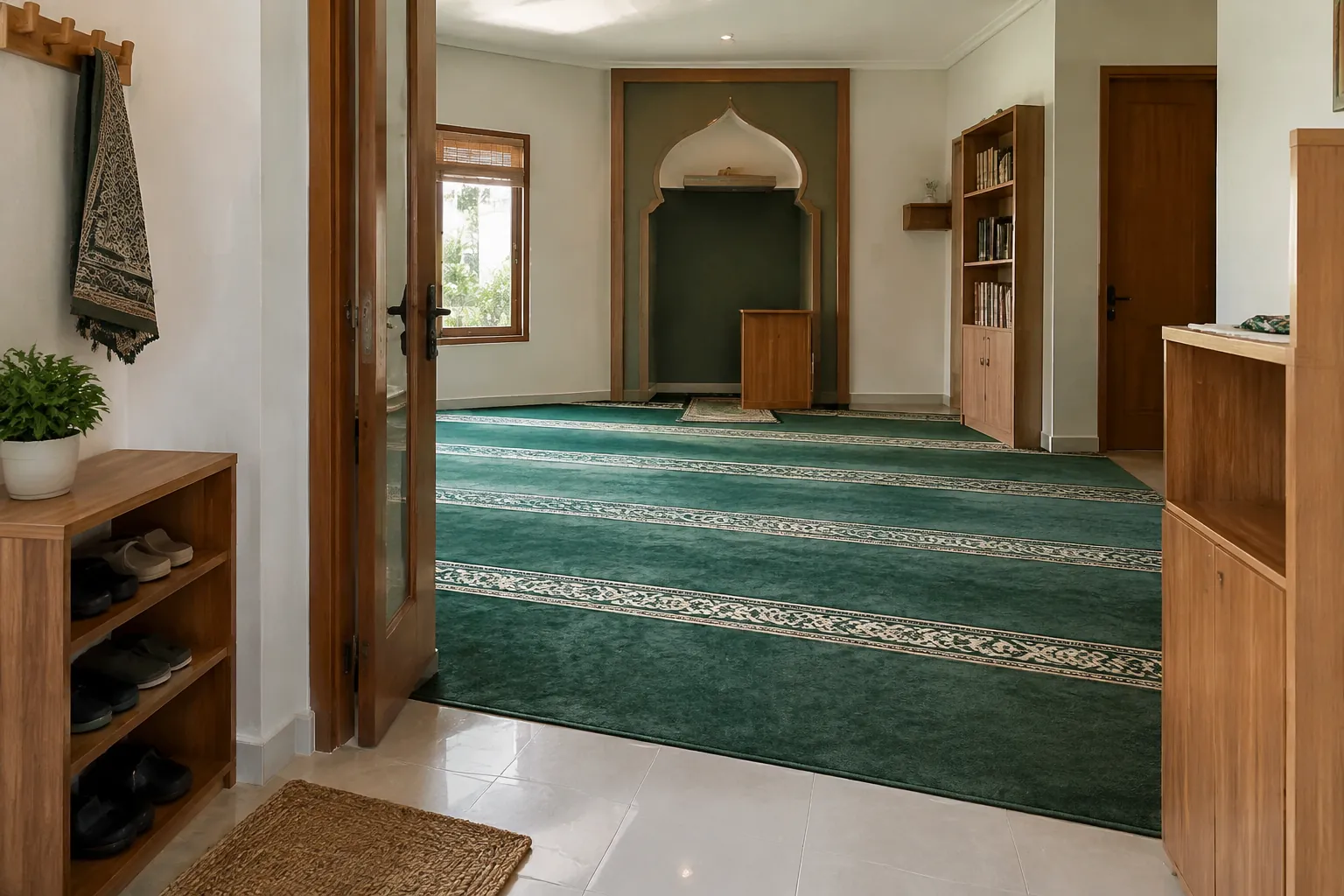 Bukaan pintu dan lemari berhadapan dengan area salat di ruang sempit