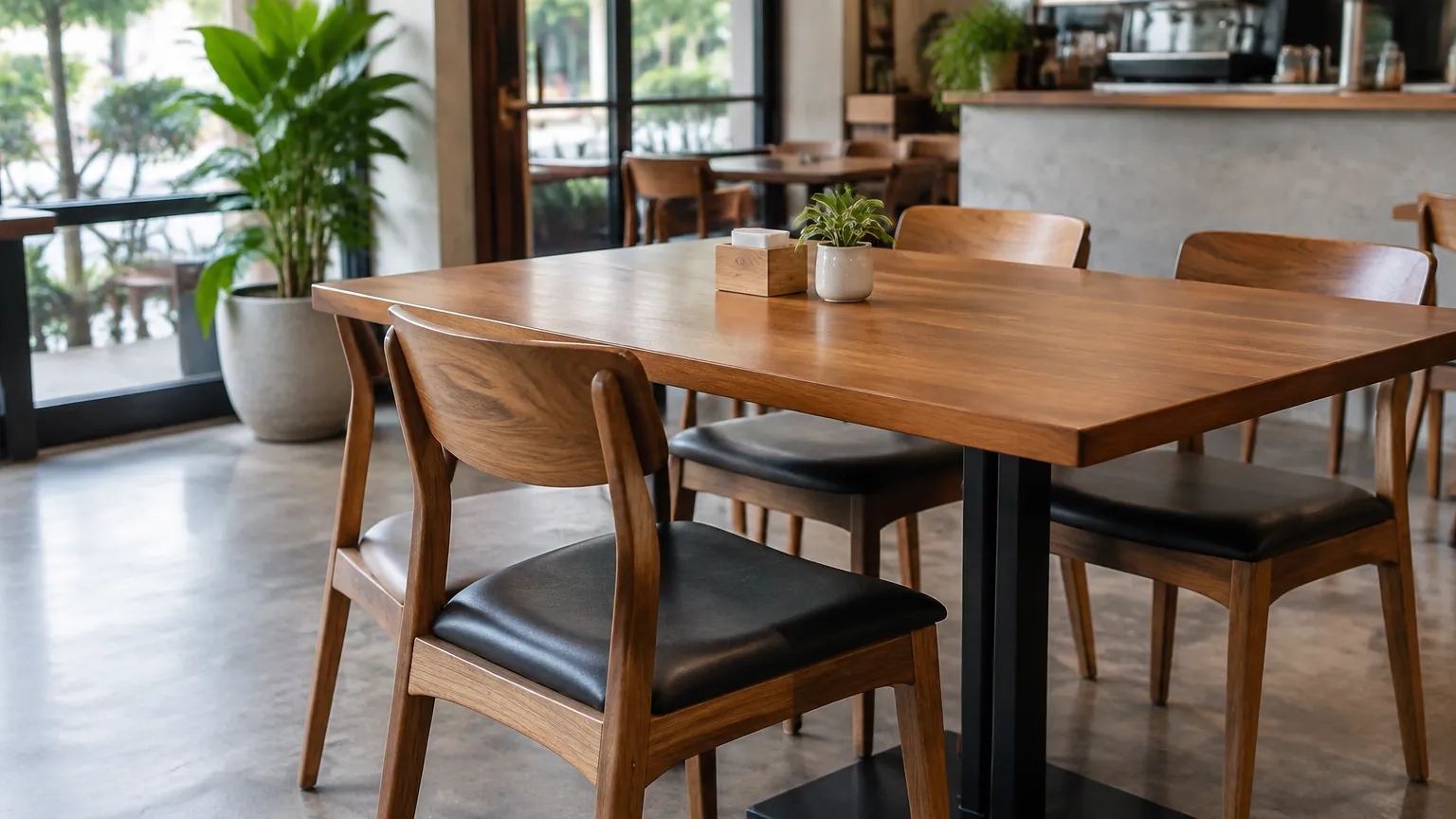 Meja dan kursi kayu pada ruang makan kafe