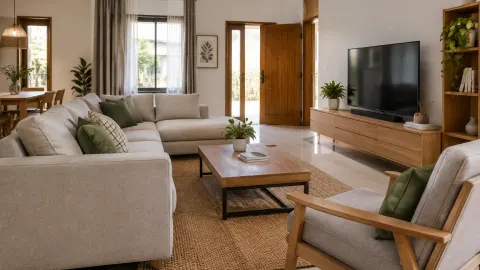Ruang keluarga dengan sofa, meja tengah, dan televisi