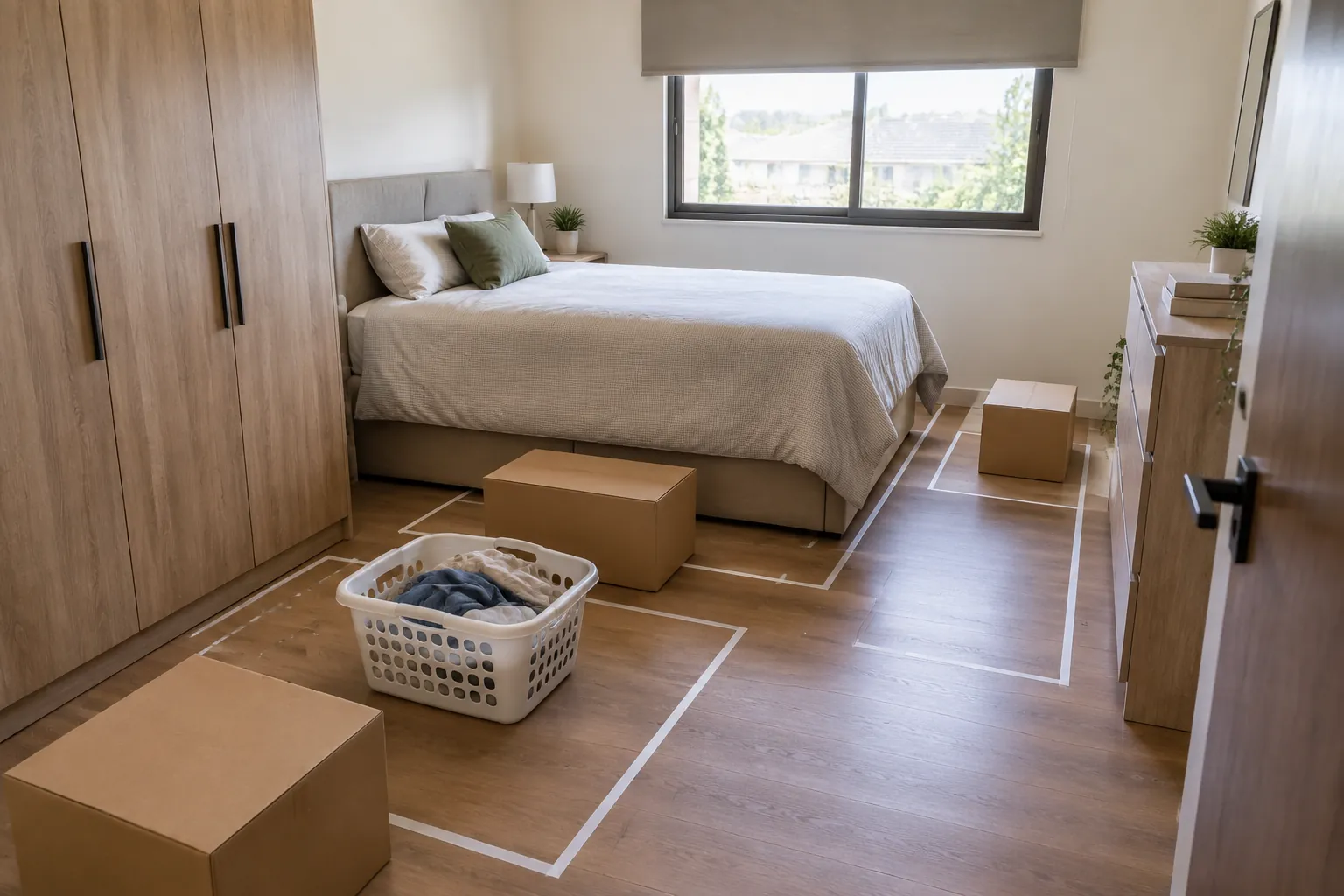 Kotak dan pita lantai menandai posisi furnitur di kamar tidur