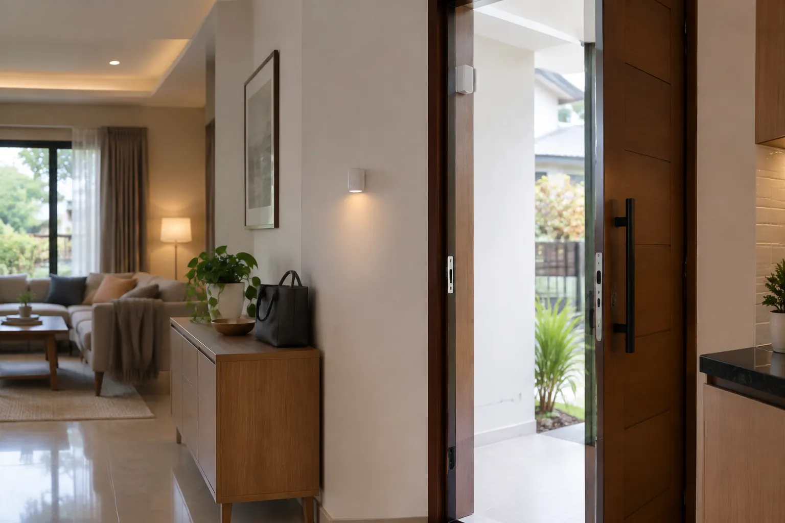 Pintu masuk rumah dengan sensor kecil pada dinding di dekatnya