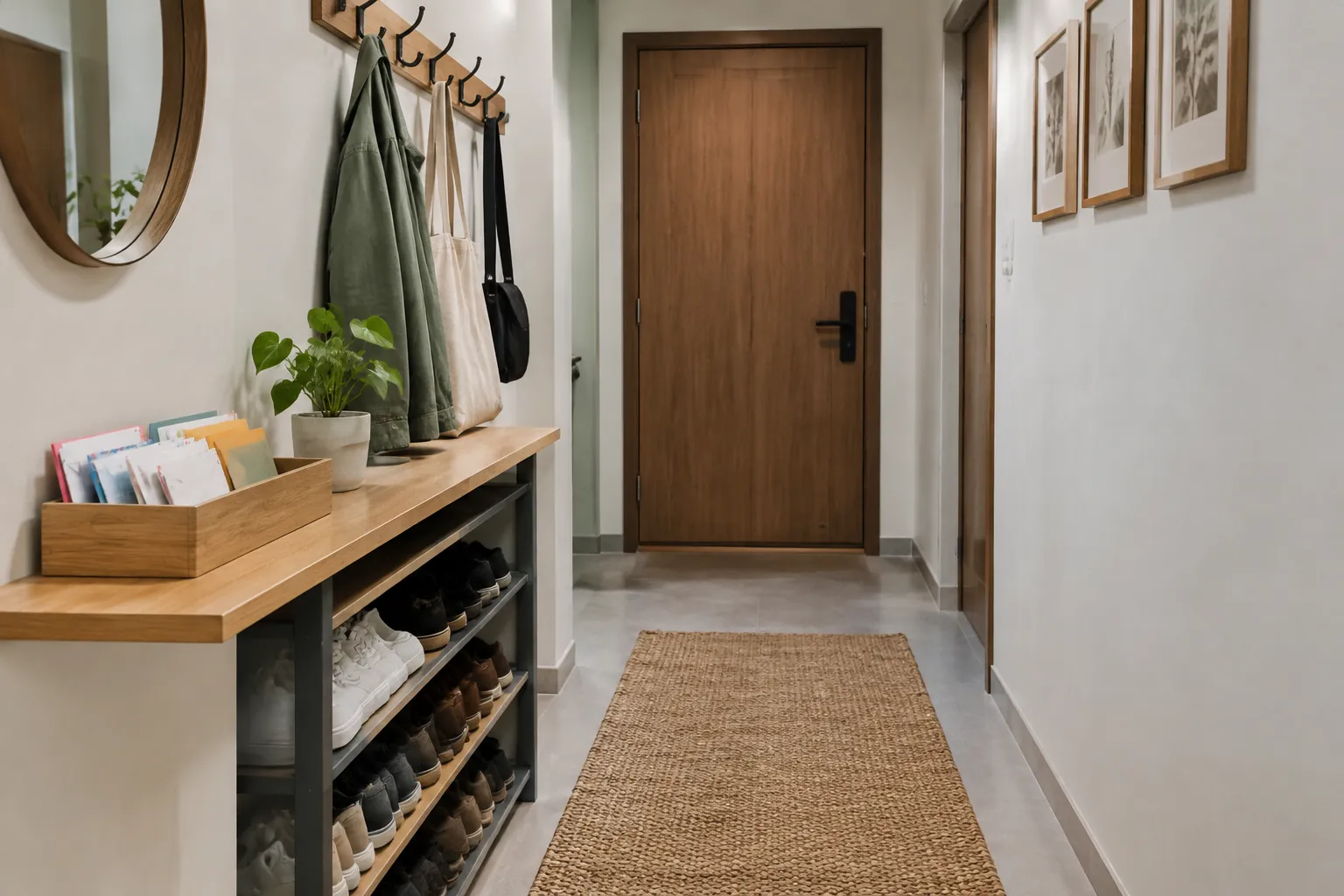 Gantungan dan rak sepatu tertata di sisi lorong menuju pintu