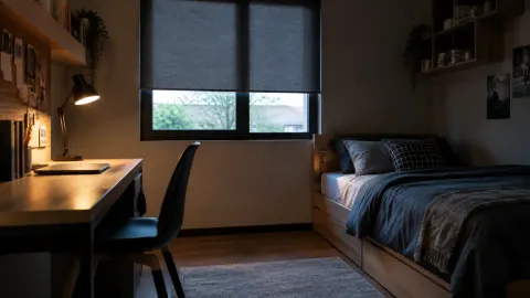 Kamar remaja gelap dengan meja kerja dan jendela kecil