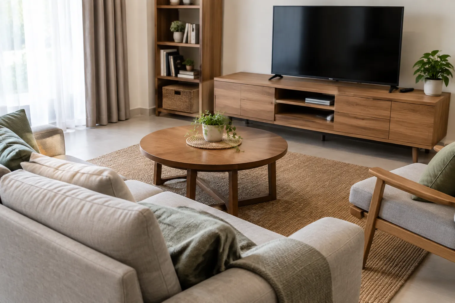 Sofa, meja, dan kabinet TV tersusun dalam ruang keluarga
