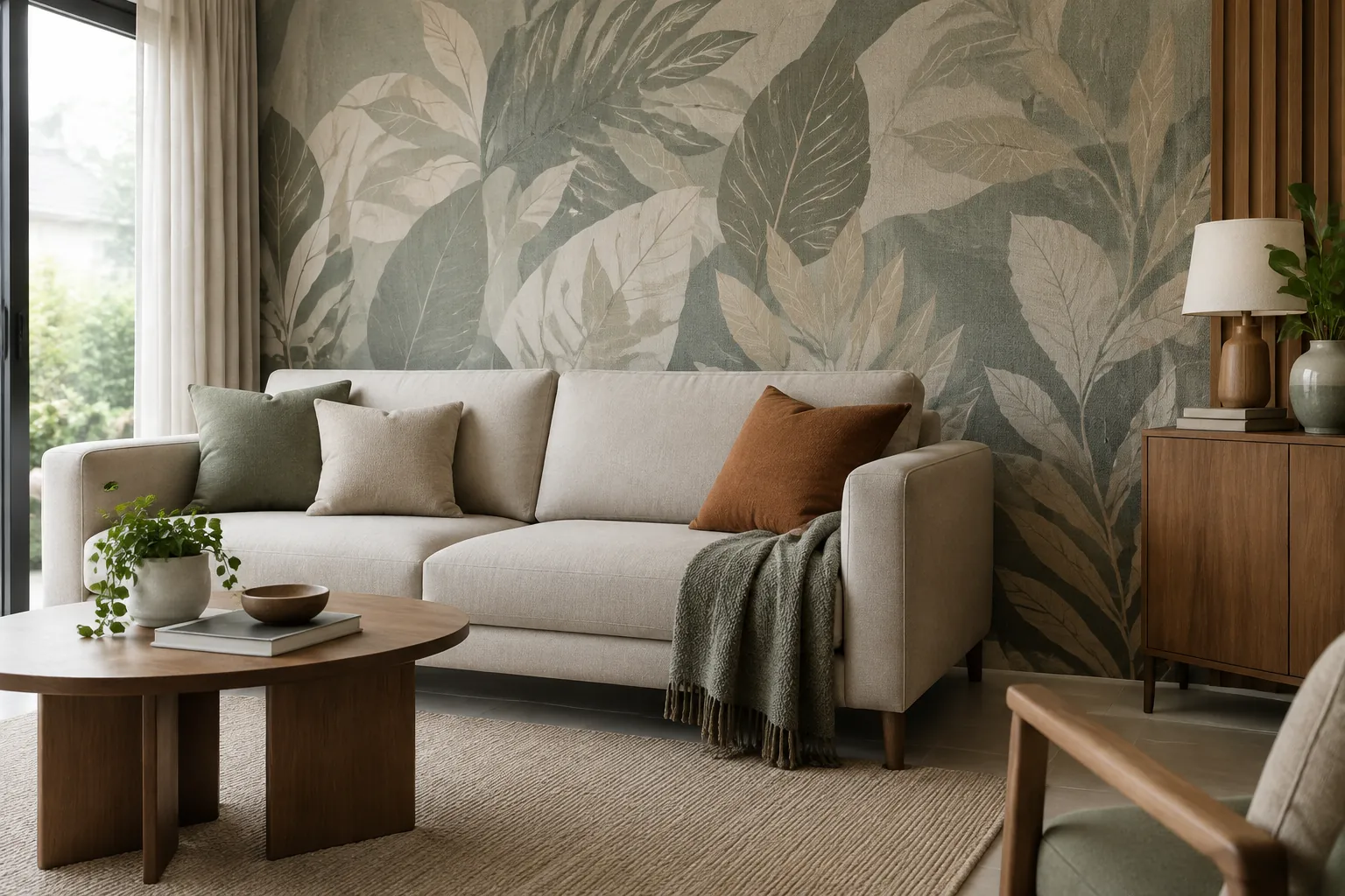 Sofa terang di depan dinding bermotif daun dengan aksen hijau