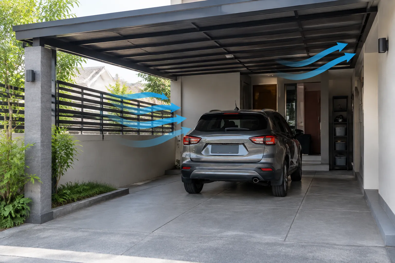 Panah grafis ditambahkan di atas foto carport.