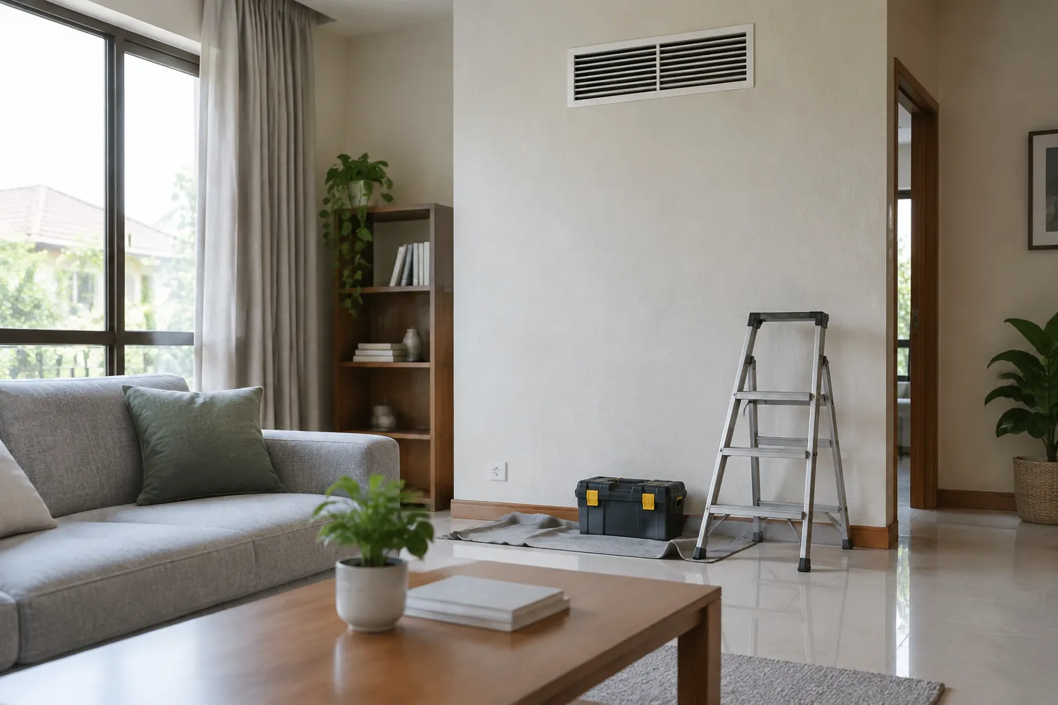 Ruang tamu memiliki kisi ventilasi tinggi dan tangga kerja