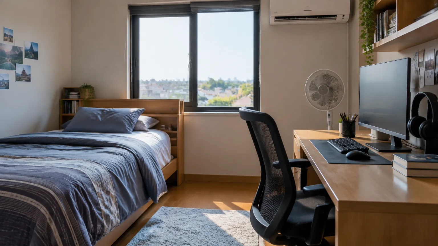 Kamar remaja dengan meja komputer dan tempat tidur