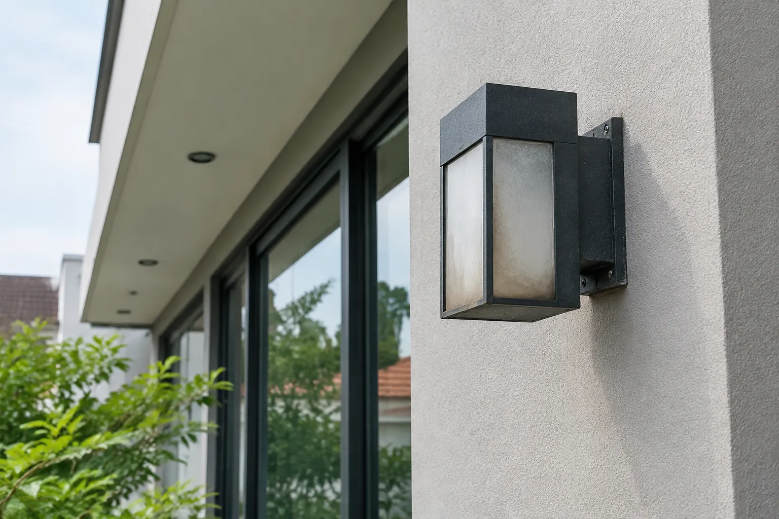 Lampu dinding luar rumah dekat deretan jendela