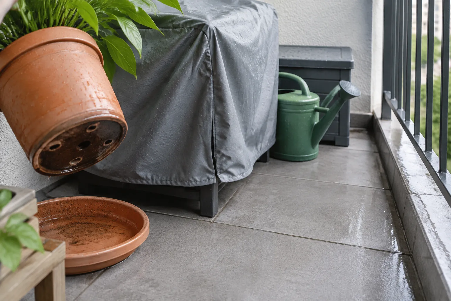 Pot dan penutup barang di balkon yang baru disiram