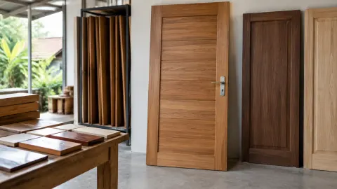 Beberapa model pintu kayu dan sampel bahan di ruang pamer
