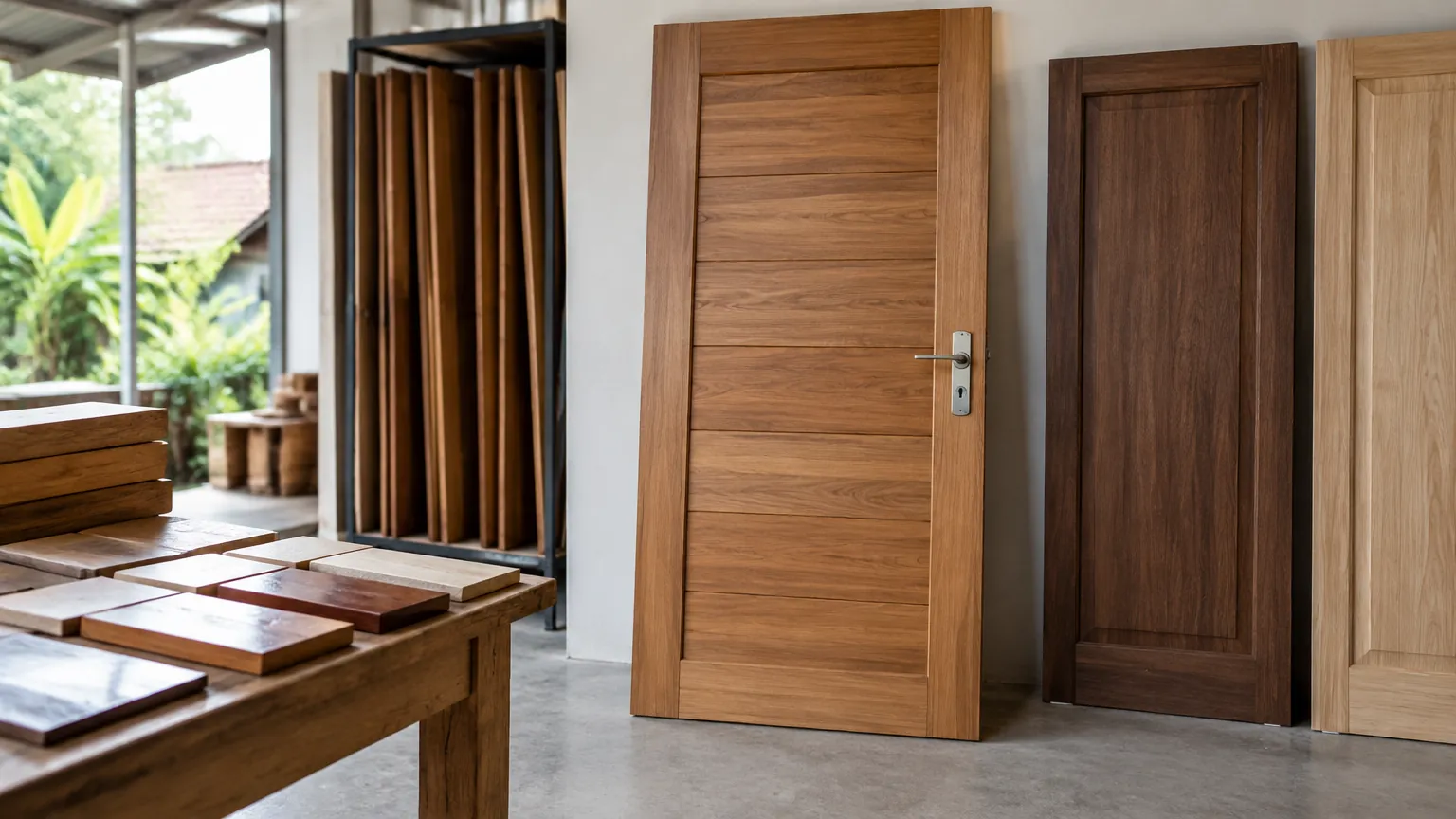 Beberapa model pintu kayu dan sampel bahan di ruang pamer