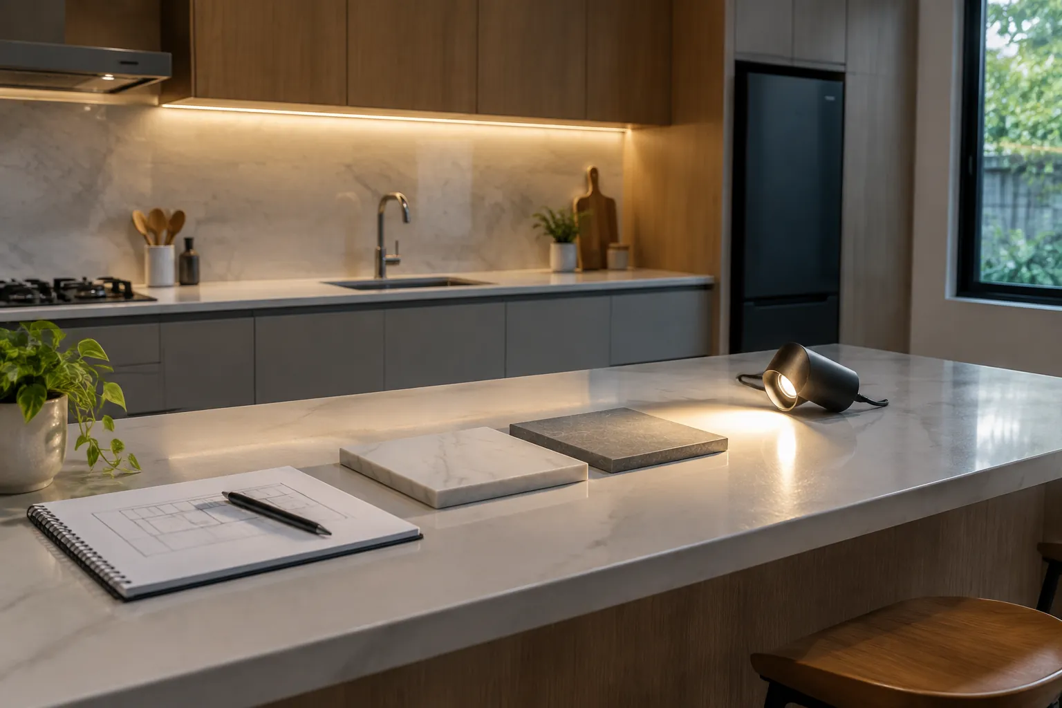 Contoh lampu dan bahan permukaan di atas meja dapur