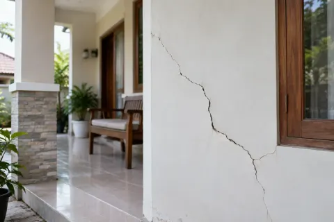 Retakan pada dinding teras dekat jendela kayu