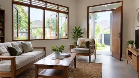 Ruang keluarga dengan jendela dan pintu terbuka ke taman