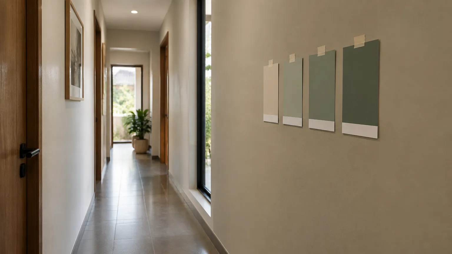 Contoh warna dipasang pada dinding lorong dekat jendela