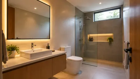 Kamar mandi dengan wastafel, toilet, dan pancuran
