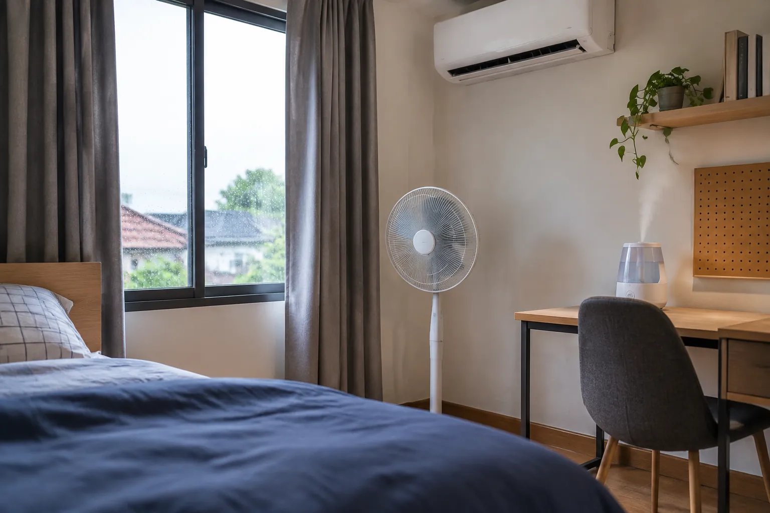 Kipas berdiri dan AC berada di kamar remaja dengan jendela