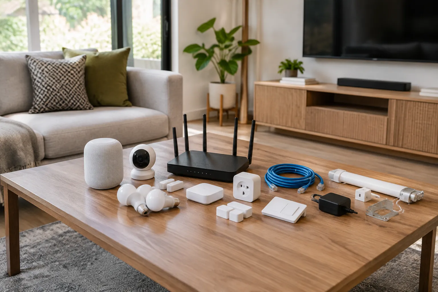 Sensor, pengendali, hub dan kabel rumah pintar disusun di meja ruang keluarga
