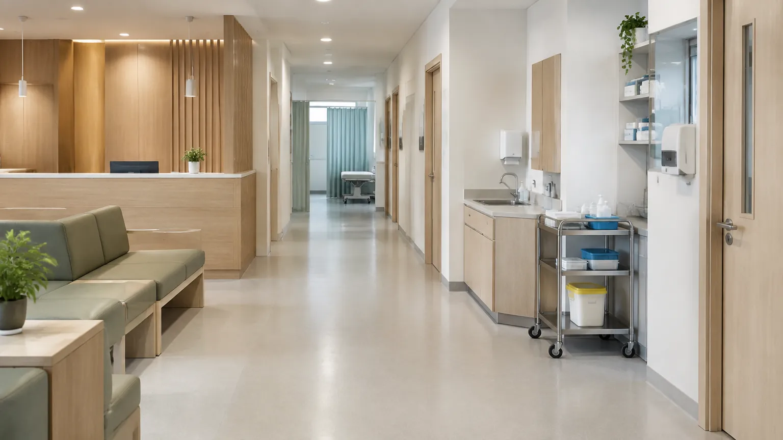 Koridor klinik wellness menghubungkan meja penerima dan ruang layanan