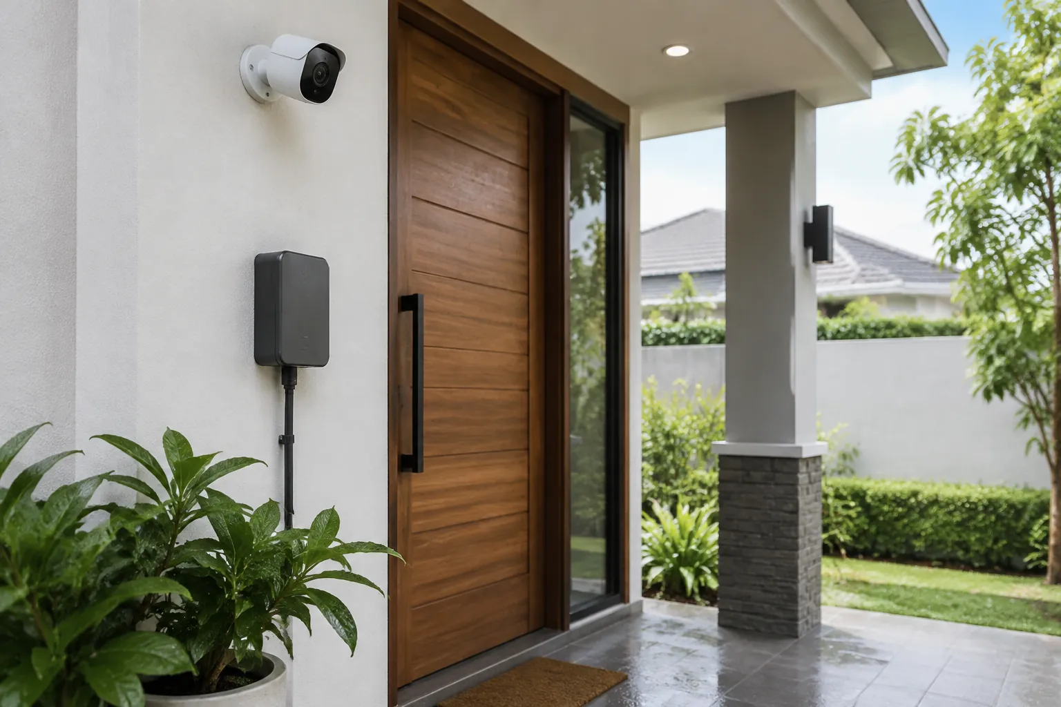 Kamera dan perangkat pintar terpasang di dekat pintu masuk rumah