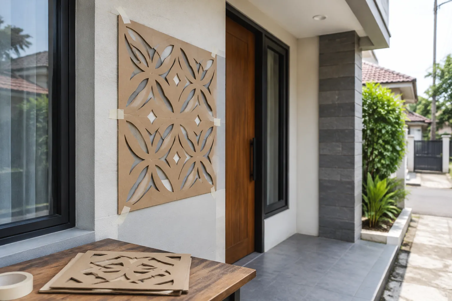 Panel ornamen geometris dipasang di samping jendela