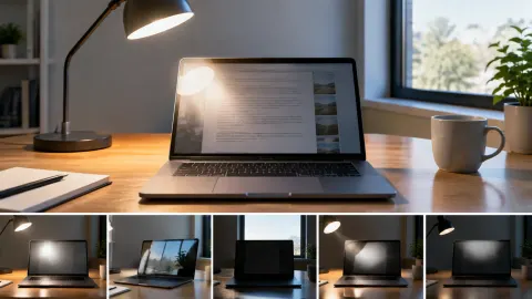Layar laptop memantulkan lampu meja dan cahaya jendela