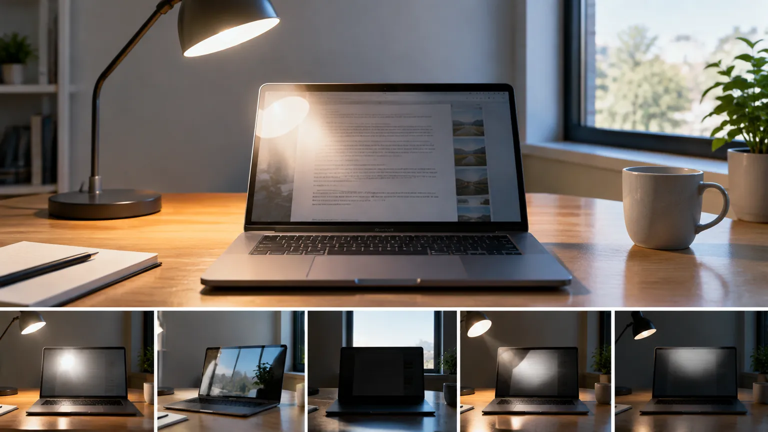 Layar laptop memantulkan lampu meja dan cahaya jendela