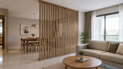 Partisi bilah kayu memisahkan ruang duduk dari area makan