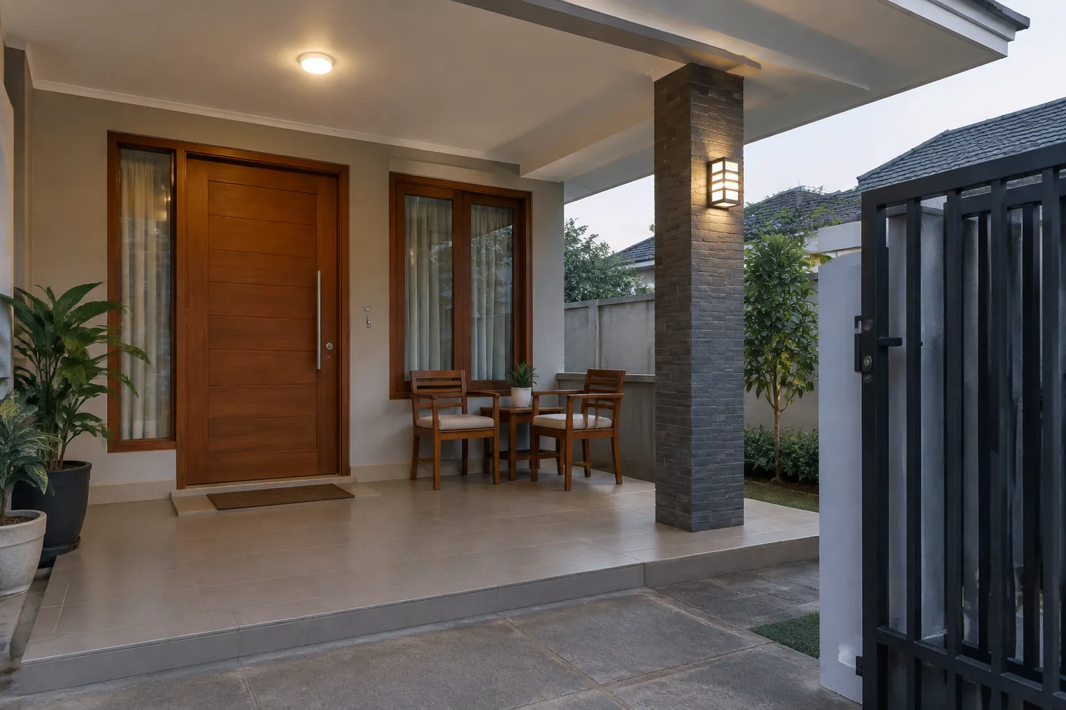 Teras rumah dengan lampu dinding dan meja duduk