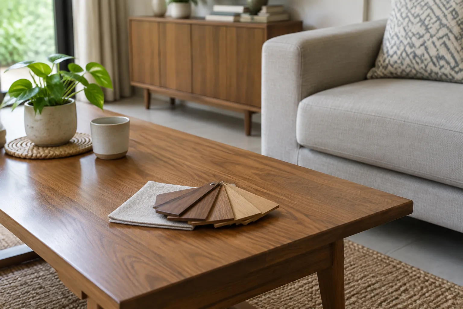 Sampel finishing kayu di atas meja dekat sofa