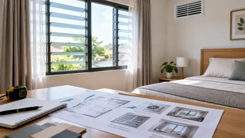 Kamar tidur dengan jendela besar dan gambar rencana di meja depan