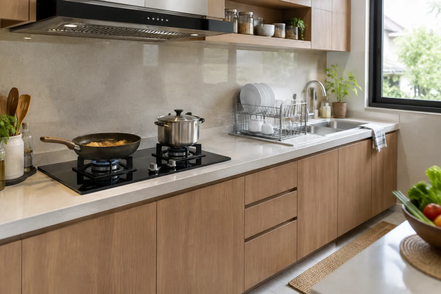 Kompor, pengisap asap, dan area cuci pada dapur rumah