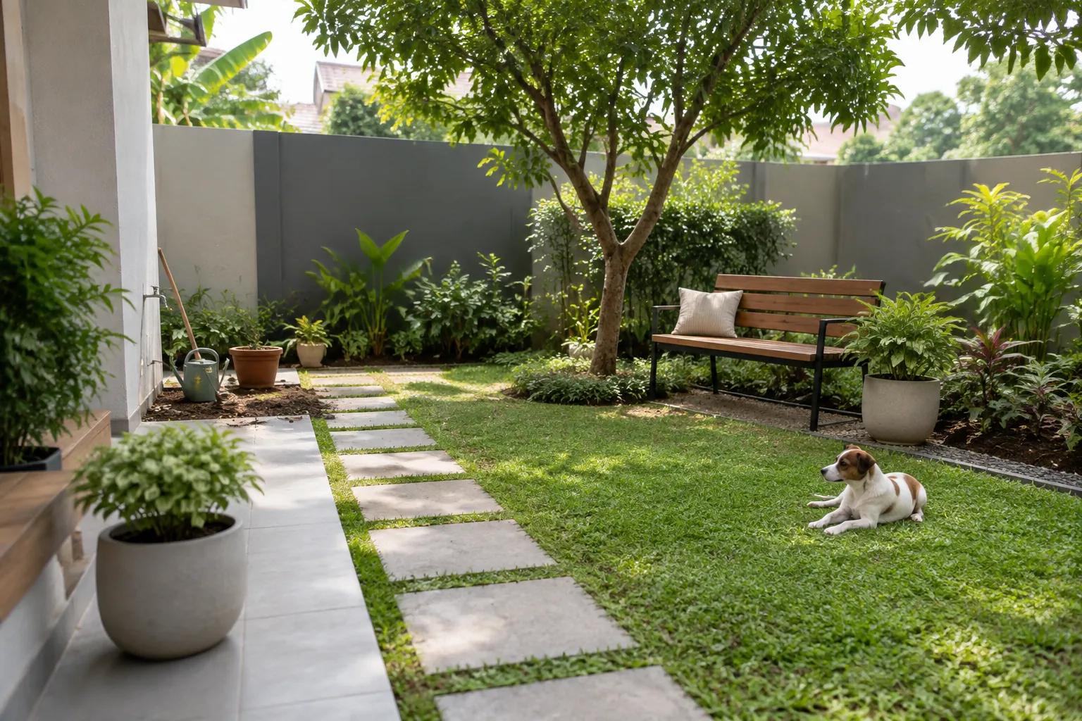 Halaman rumah memiliki jalur pijak, area rumput, dan tempat duduk