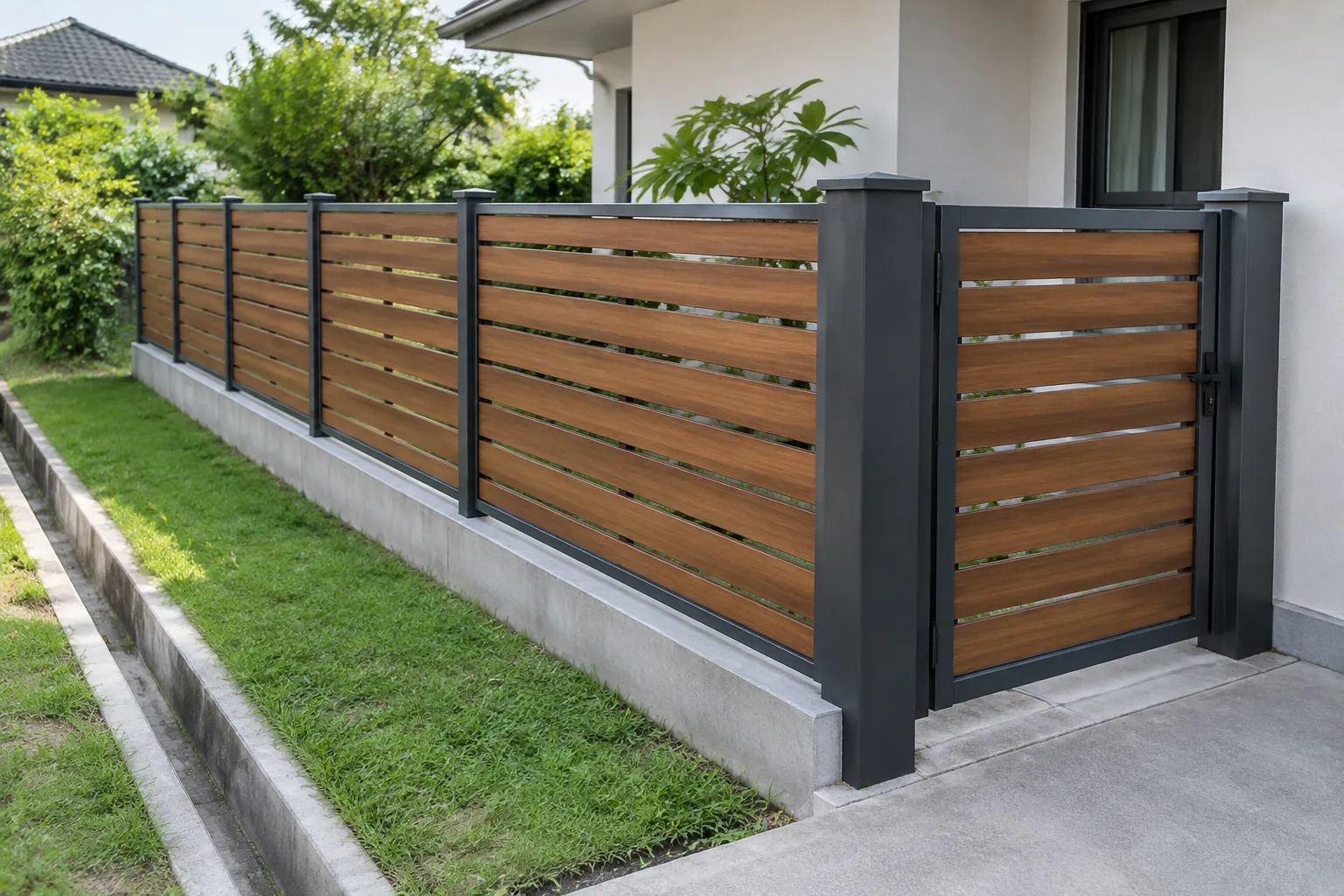 Pagar bilah kayu dengan tiang logam pendek