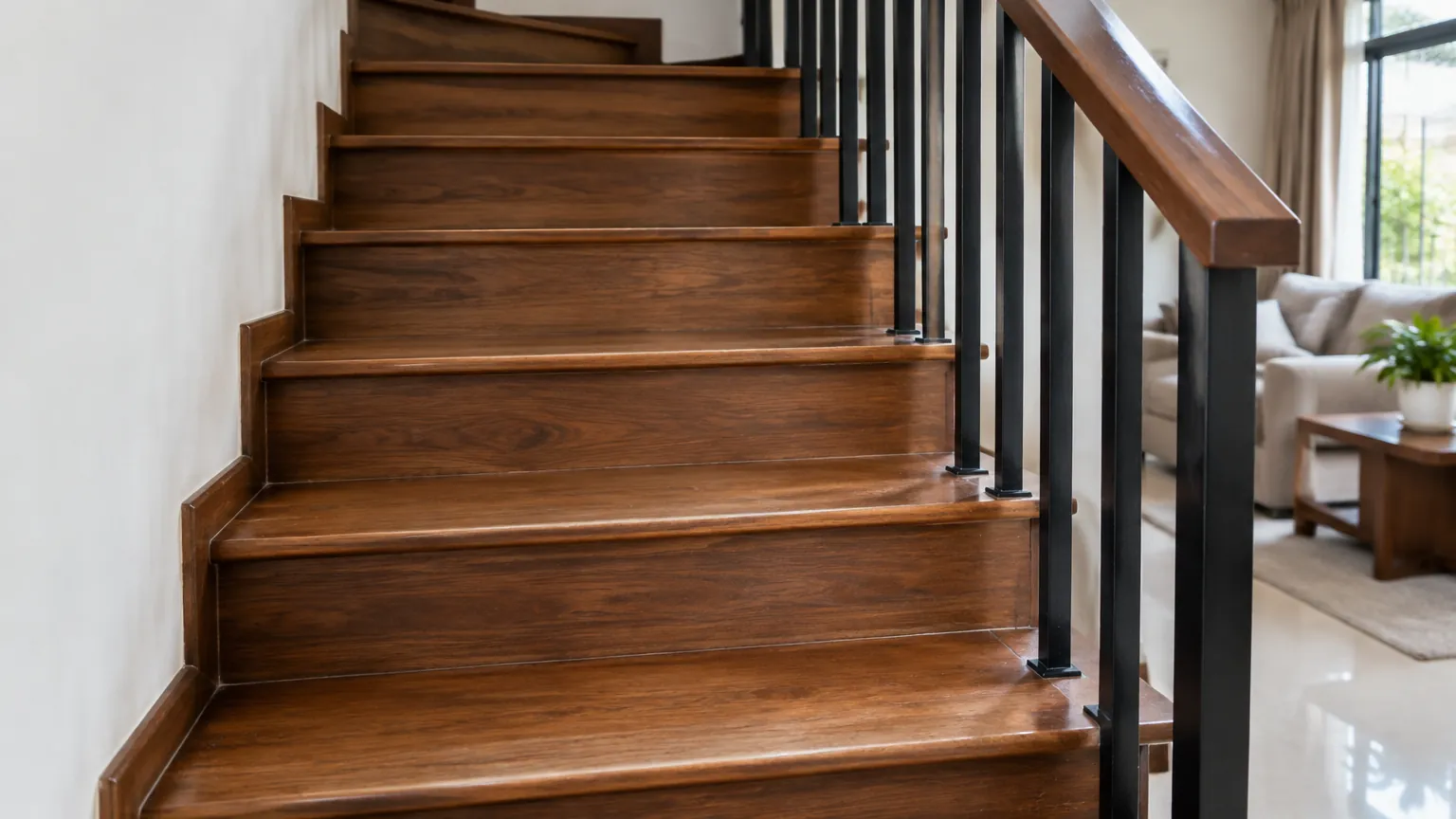 Anak tangga kayu dengan railing logam