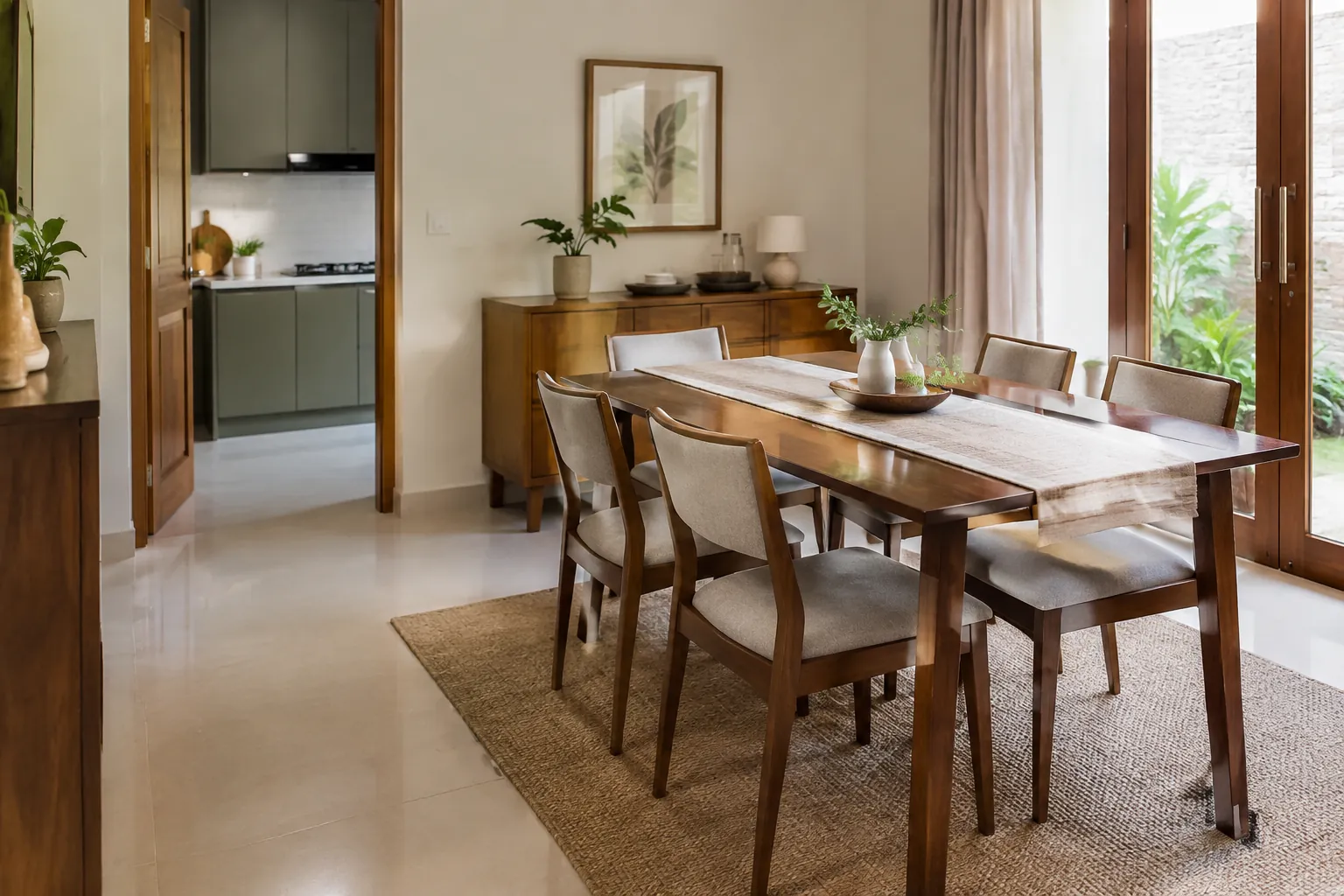 Ruang makan dengan meja kayu, kursi, dan kabinet samping