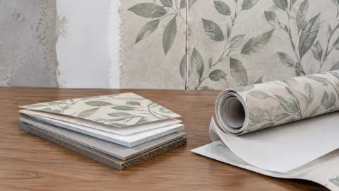 Sampel dan gulungan wallpaper bermotif daun di meja