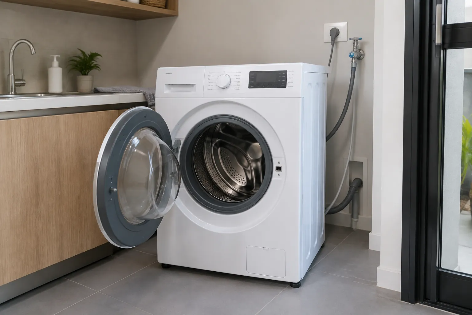 Mesin cuci pintu depan di ruang laundry dengan pintu terbuka